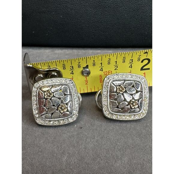 Rhodium Rhinestone Square Two tone cable pebble Flower Omega Clasp earrings - Picture 8 of 8